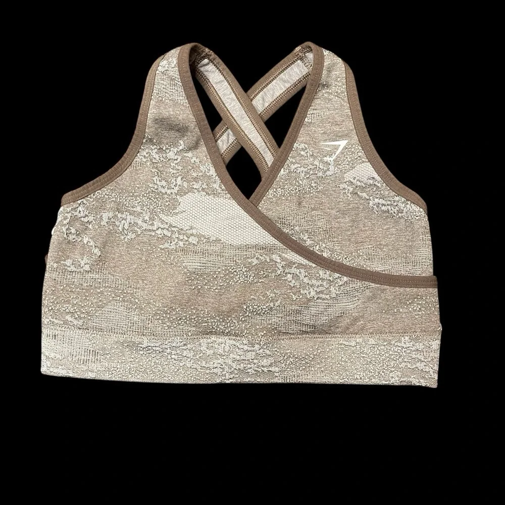 Gymshark Adapt Camo Seamless‎ Sports Bra Pebble Grey/Soul Brown Womens M No Pads